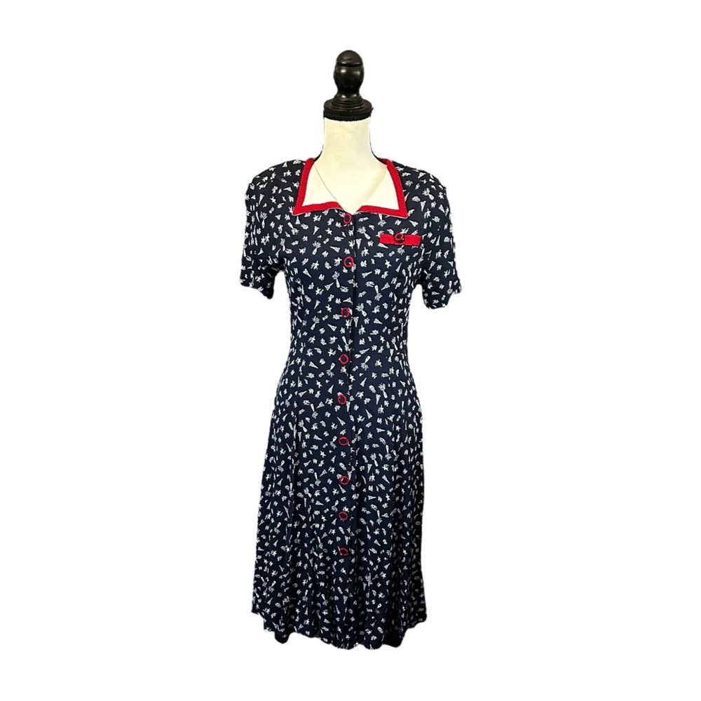 VTG 90s Carole Little Petite Navy White Novelty Print Midi Dress Retro Size 12